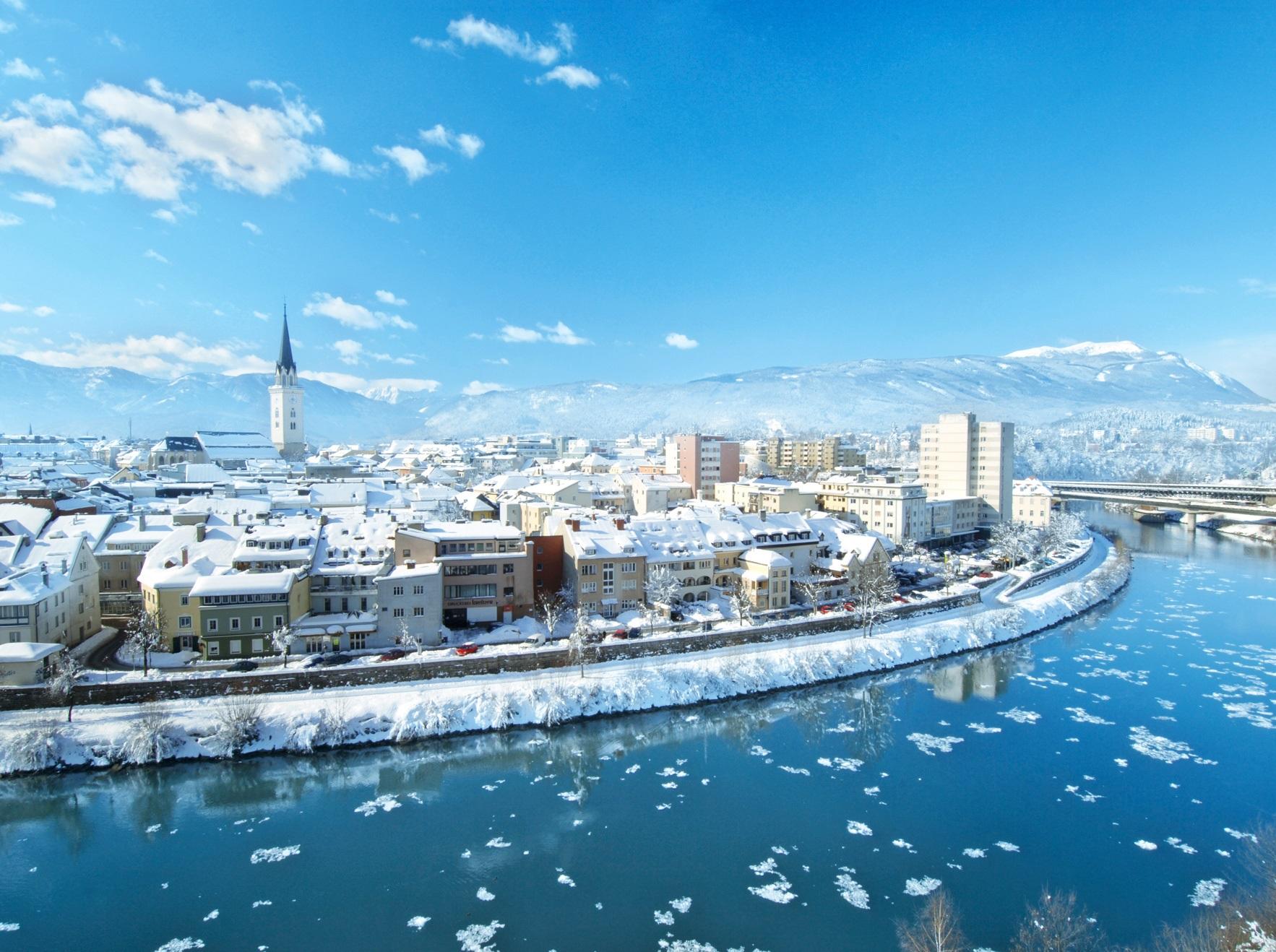 A wintry image of a town in Carinthia, Austria.